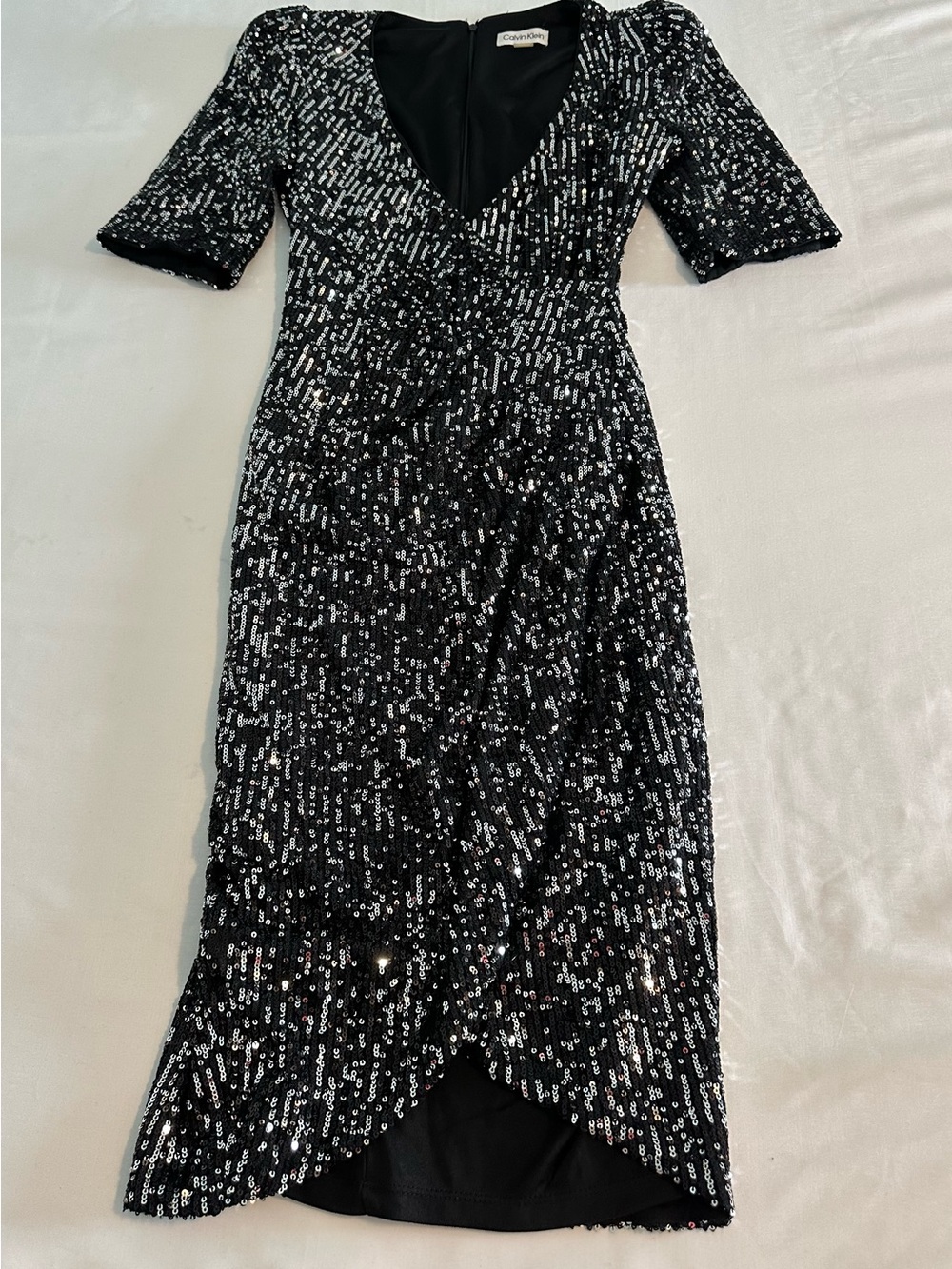 Calvin Klein Black Sequin Wrap-Effect Midi Dress